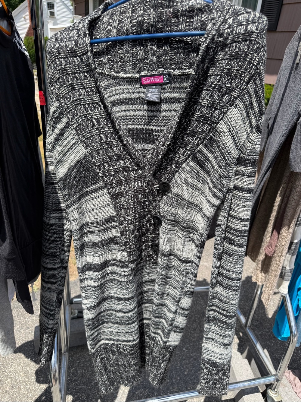 Women's Black & White Marled Hooded Cardigan Sweater